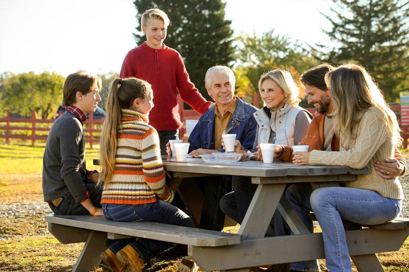 Family sitting outside at a picnic table having a meal.