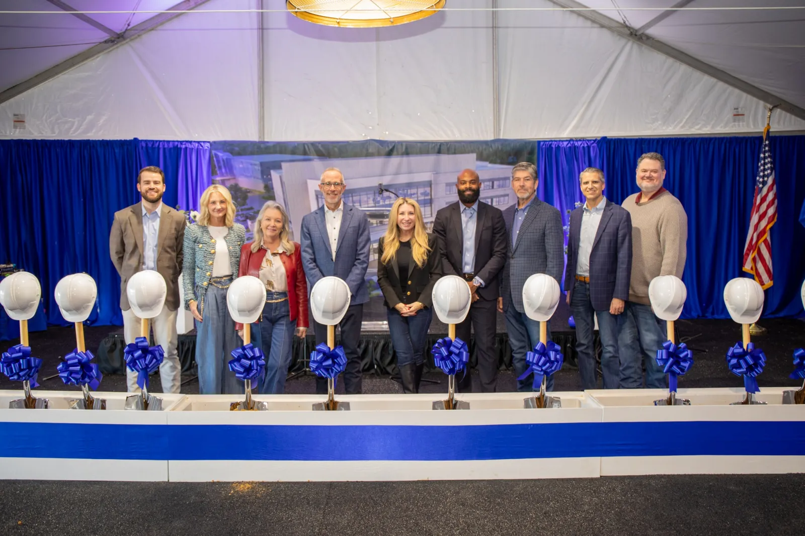Texas Health Huguley executives standing in front of shovels for the groundbreaking event
